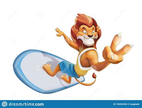 Enthusiast Lion Mascot Surfing And Smiling Stock Photo Illustration