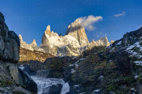 Mount Fitz Roy And Waterfall At Sunrise In Autumn El Chalten