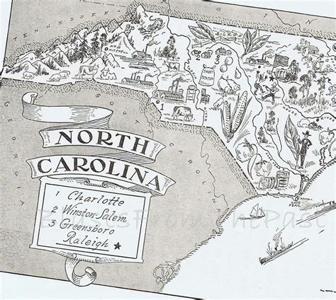 Vintage Map Of North Carolina Vintage Print Whimsical Adorable