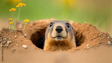 Groundhog Peeking Out Of Burrow Hole Groundhog Day Concept Social