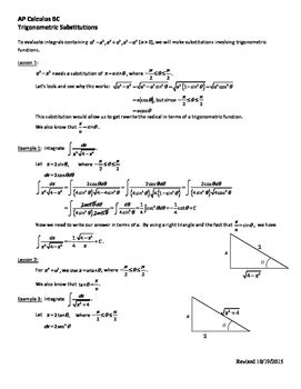The following is a list of worksheets and other materials related to math 129 at the ua. Trigonometric Substitution Worksheet - AP Calculus BC by ...