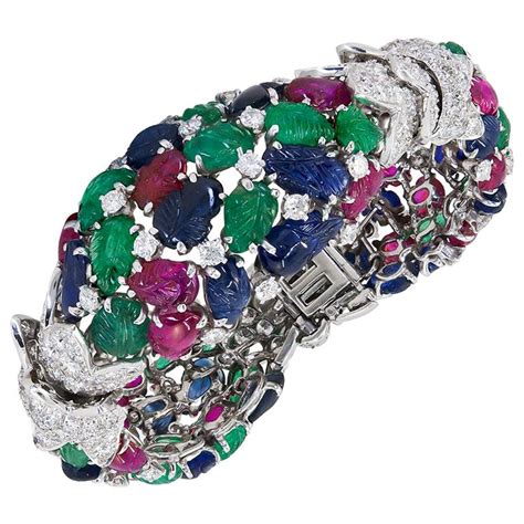 Art Deco Diamond Carved Sapphire And Ruby Tutti Frutti Bracelet For