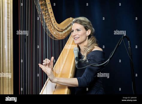 Smiling Mature Woman Playing Harp In Front Of Black Background Stock