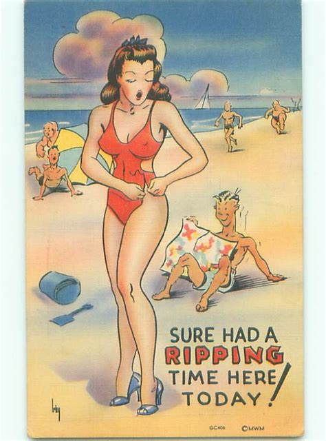 Linen Risque Sexy Beach Girl Rips HER Bathing Suit Ab Topics Risque Women Vintage