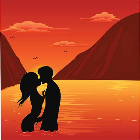 Best Silhouette Of The Romantic Couple Kissing Sunset Illustrations Royalty Free Vector