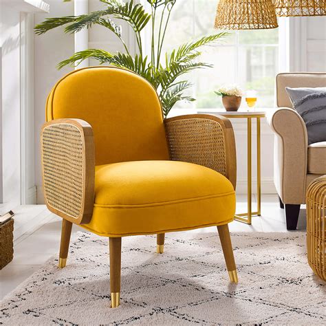 Buy Art Leon Mid Century Modern Retro Yellow Velvet Upholstered Oak Woven Arm Accent Chair With