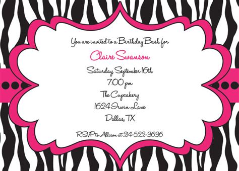 hot pink and black zebra print girls birthday party invitation bridal shower bachelorette