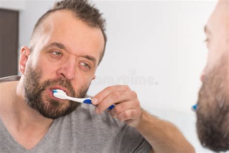 Man Brushing His Teeth In Bathroom Stock Photo Image Of Morning