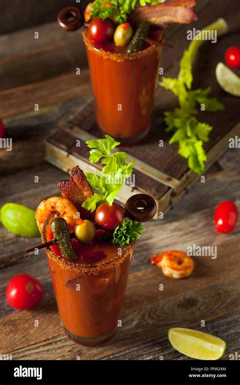 Homemade Bacon Spicy Vodka Bloody Mary With Tomatos Olive And Celery