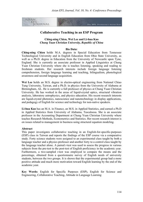 Pdf Collaborative Teaching In An Esp English For Specific Purposes Program