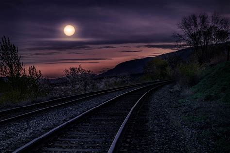 Landscape Photography Nature Moon Railway Night Moonlight Trees Hills