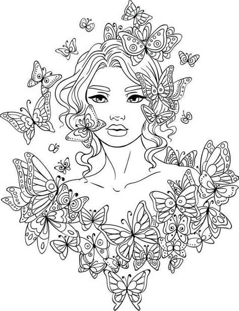 Beautiful Adult Coloring Page Lady With Butterflies Adult Coloring