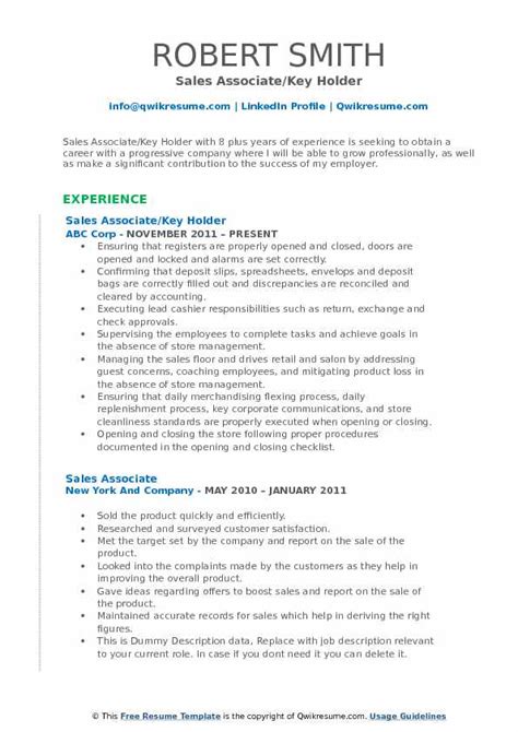 Job description and jobs for account executive. Sales Associate Key Holder Resume Samples | QwikResume