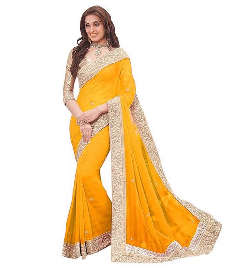 Yellow Plain Georgette Saree With Blouse Maitri Fashion 1291441