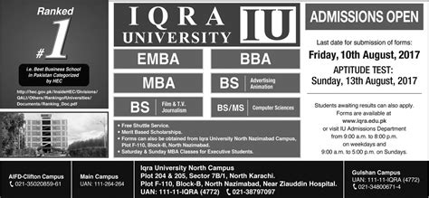 Admission Open In Iqra University Karachi 23 July 2017