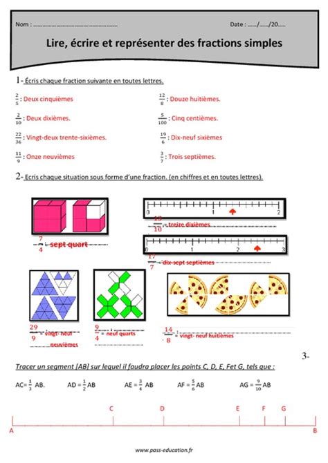 Lire écrire et représenter des fractions simples Cm Exercices Pass Education