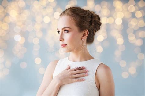 Smiling Woman In White Dress With Diamond Jewelry Stock Image Image