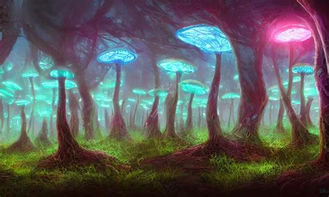 Bioluminescent Mushroom Forest Digital Art Concept Stable Diffusion