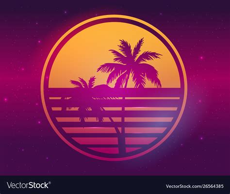 retro wave style tropical sunset with palm trees vector image