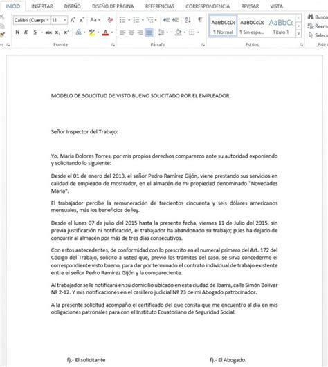 Modelo Solicitud De Visto Bueno Ministerio De Trabajo Ecuador