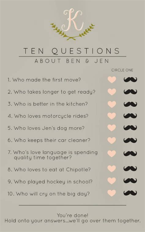 Here's a breakdown of how to play it, plus sample questions. 10 Fun Bridal Shower Games and Ideas