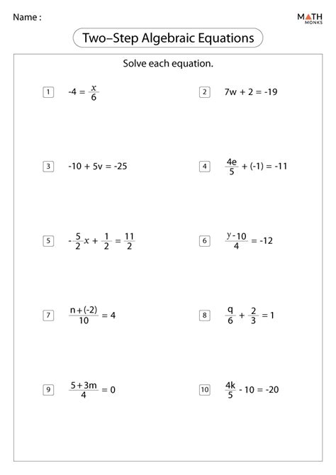Algebra Worksheets 2 Step Equations
