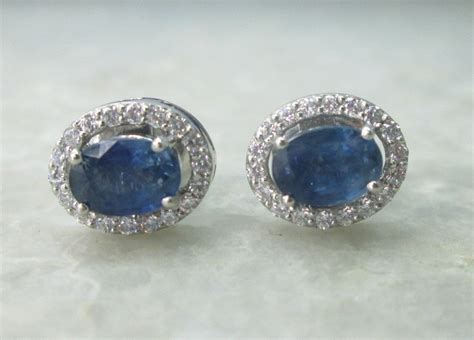 Blue Sapphire Diamond Earrings In K White Gold Etsy