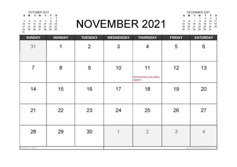 November 2021 Calendar Canada With Holidays 12 Templates