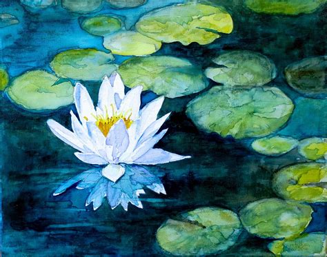 A Painting Of A White Waterlily Floating On Top Of Green Leaves