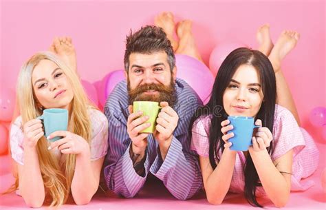 Man And Women Friends On Sleepy Faces Lay Pink Background Lovers