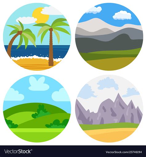 Set Of Four Natural Cartoon Landscapes Royalty Free Vector
