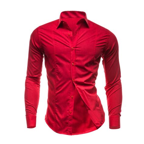 Men Shirts Red Mens Long Sleeve Shirt Casual Solid Color Shirts Slim