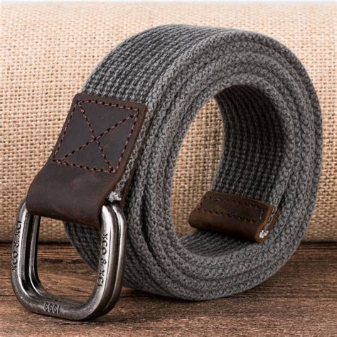 Cotton Weaving Of The Men Genuine Leather Double D Ring Belt Buckle
