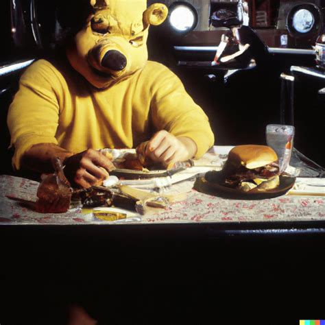Winnie The Pooh Sitting In A Gritty Diner Eating A Greasy Cheeseburger