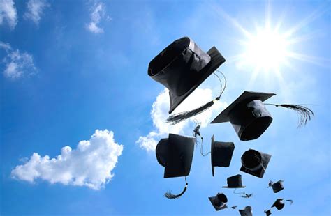 Graduation Ceremony Graduation Caps Hat Thrown In The Air With Stock