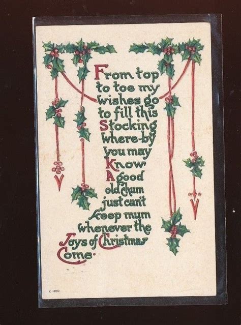 Vintage Arts And Crafts ~ Christmas Stocking Poem Postcard With Holly
