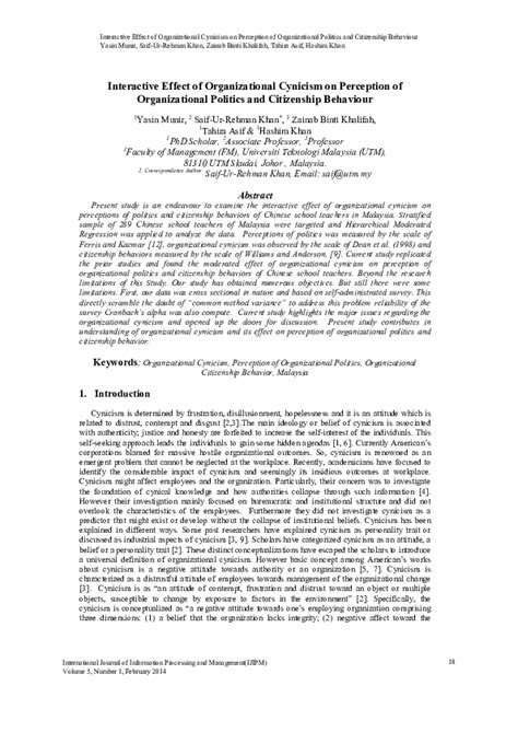 (PDF) Interactive Effect of Organizational Cynicism on Perception of Organizational Politics and ...