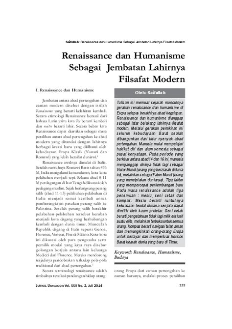 Pdf Renaissance Dan Humanisme Sebagai Jembatan Lahirnya Filsafat