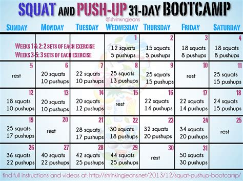 Squat And Push Up 31 Day Bootcamp A Free Monthly Workout Calendar By