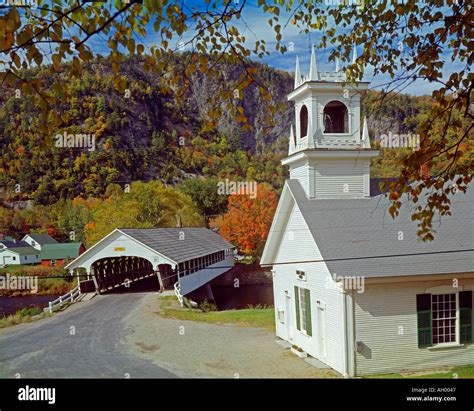 Covered Bridge And Church At Stark New Hampshire Usa Stock Photo Alamy