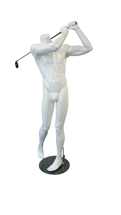 Male Headless Golfing Mannequin With Base White Fibreglass Rax And