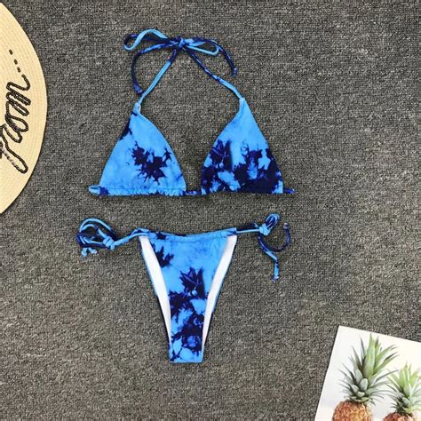 2019 Female Two Piece Swimsuit Rendering Print Sexy Bikini Tie Dyed Hot Beachwear Thong Tie Dye