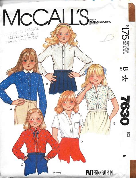Mccalls 7630 Girls Shirt Sewing Pattern Size 5 Uncut Etsy