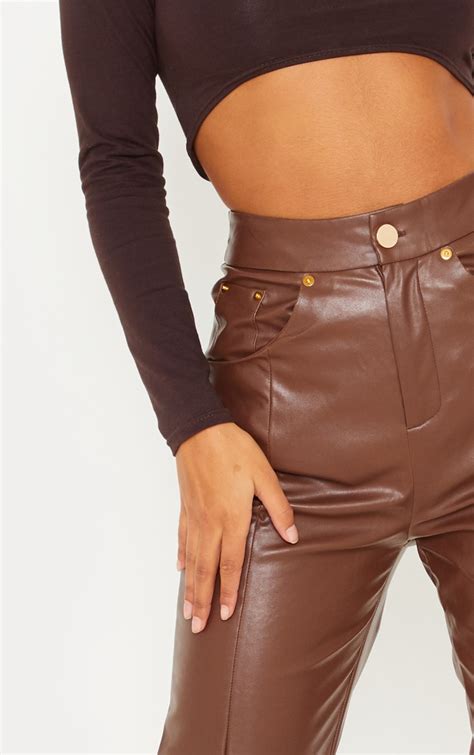 Brown Faux Leather Straight Leg Trouser Prettylittlething