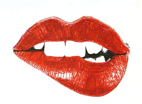 Fine Art Giclee Print Marker Drawing Biting Lip Rouge Por Artbyvbm Lips