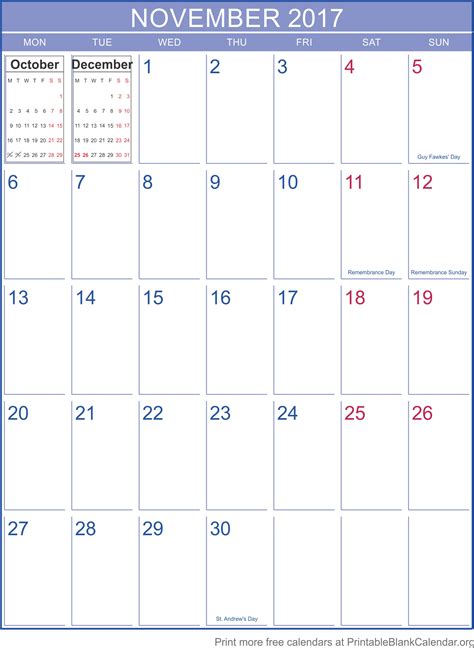 November 2017 Blank Calendar Template Pdf Template