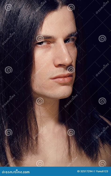 Portrait Of Handsome Man With Long Hair Torso Naked On Black Background Stock Photo Image Of