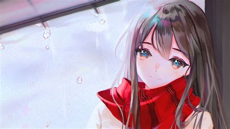Sad Face Of Blue Eyes Anime Girl With Red Scarf Hd Anime Girl