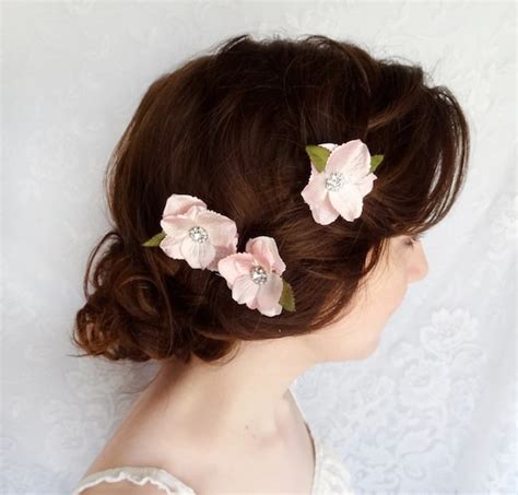 Blush Pink Hair Flower Accessory Hair Pins Rhinestone Bridal