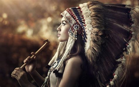 woman wearing native american costume holding brown wooden stick photo hd wallpaper wallpaper